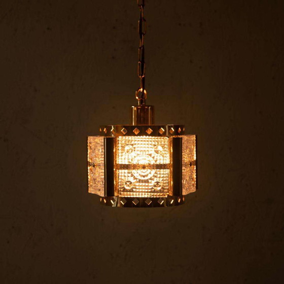 Image 1 of Vintage hanglamp messing & ijsglas, Vitrika glass pendant