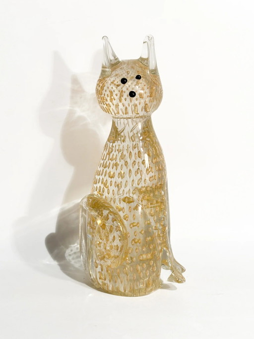 Scultura di gatto in vetro di Murano degli anni '70 con foglia d'oro – beeldhouwkunst, Murano Glass