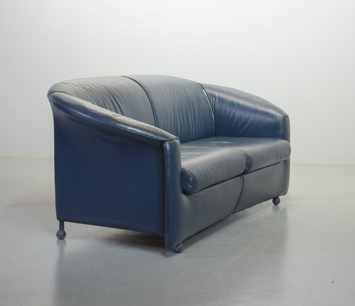 Wittmann Petrol Blue Soft Leather Two-Seat Sofa, Model Aura Designed by Paolo Piva. Austria, 1980s.