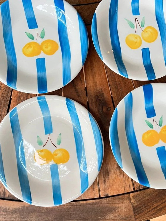 Image 1 of Set of 6 TRECI dinner plates Italy - Hand-painted porcelain vintage cherries