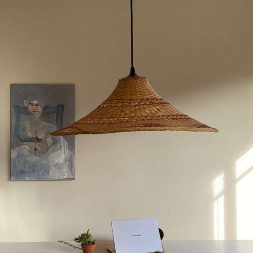 Lampada a sospensione vintage in rattan molto grande