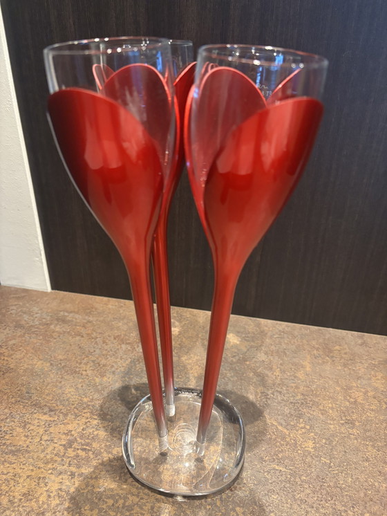 Image 1 of Moët and Chandon 4 red tulip flutes with original Moët Chandon glasses including holder