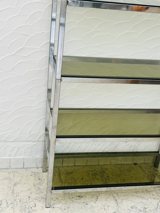 Image 1 of Mensola vintage di design italiano in cromo e vetro fumé degli anni '70.