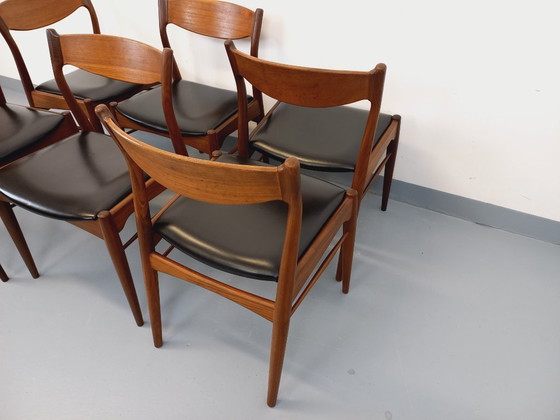 Image 1 of Set of 6 vintage Danish Scandinavian chairs by Aerthoj Jensen & Molholm in teak and skai from the 1960s