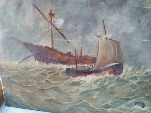 Antiguo Gran Óleo Sobre Lienzo Escena Marina Firmado 1965