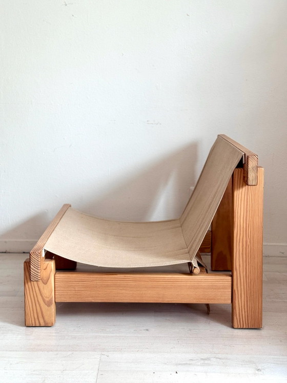 Vintage brutalist fauteuils sling chairs jaren 70, Canvas, Hout, Beige (foto 2 van 7)