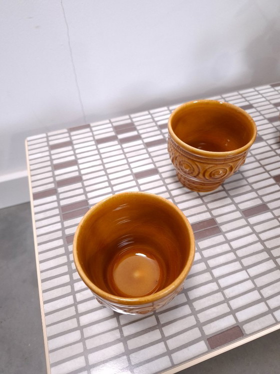 Image 1 of Juego de tazas de café de porcelana marrón y amarilla de la RDA