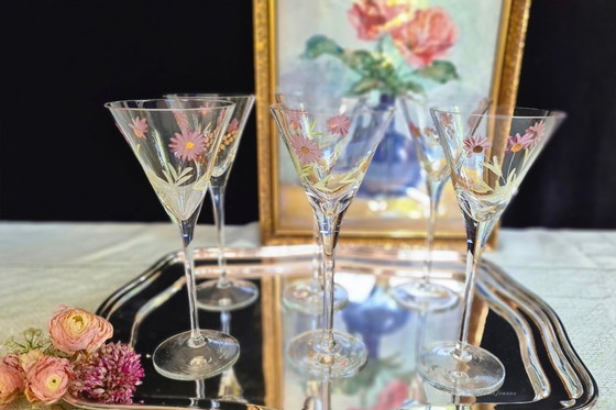 Image 1 of 6x Theresienthal meesterglas glazen op hoge steel, met goud, roze en lindegroen