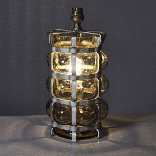 Lampe vintage brutaliste double éclairage verre soufflé en cage design XXème – tafellampen, Glass