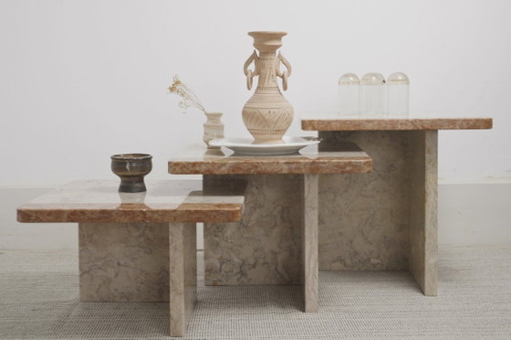 Image 1 of  Vintage Marble Nesting Tables Set of 3, Square Side Tables, Postmodern Solid Fossil Marble Stone Coffee Tables, Modern Accent F