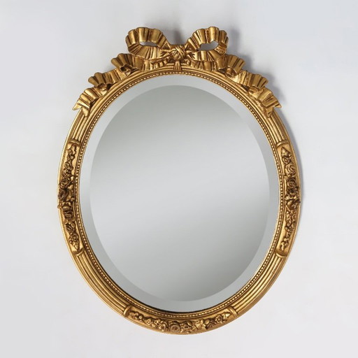 Grand miroir ovale doré en bois et plâtre, Belgique, années 1900