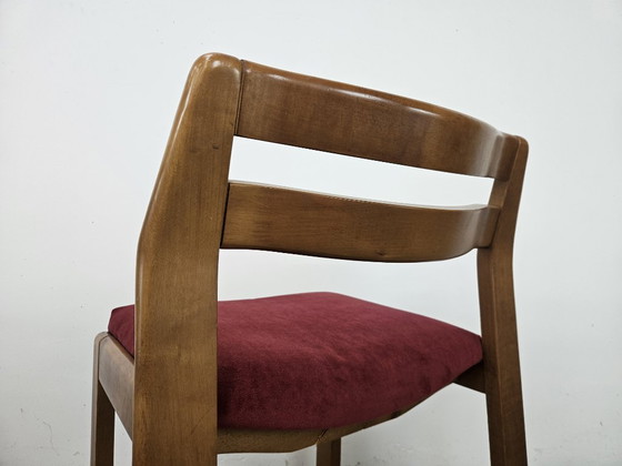 Set of four dining chairs, brown wood with red textile seats, Mid Century Modern (photo 5 of 13)