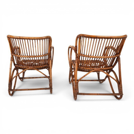Image 1 of Frans paar vintage loungestoelen van rotan en bamboe, 1960
