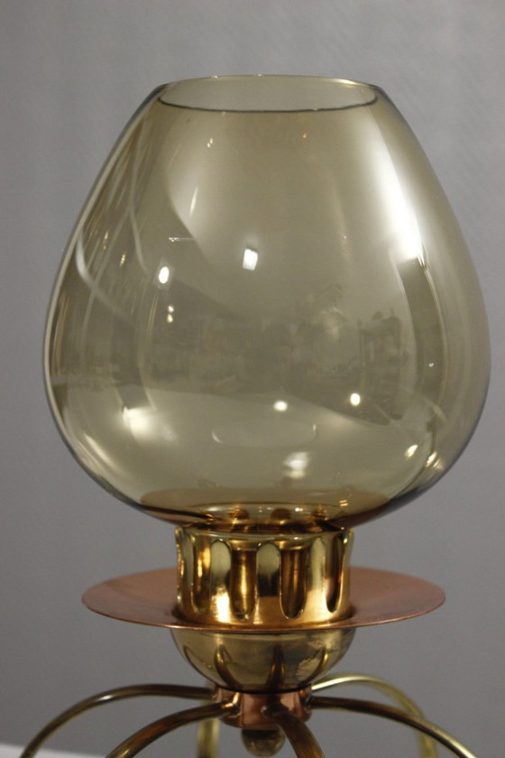 Image 1 of Modernist design candlestick from the 1950s in copper, brass & smoked glass