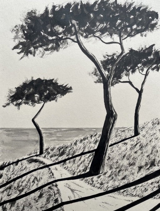 Encre de Chine sur papier teinté.  Format 40x30cm. 