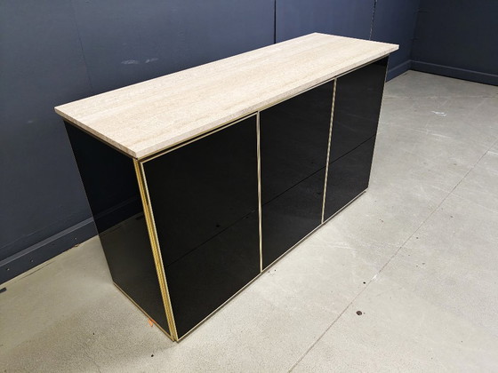 Image 1 of Credenza vintage in travertino e laccato nero, anni '80