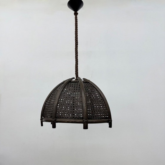Image 1 of Vintage rattan and webbing hanging lamp 1970s retro