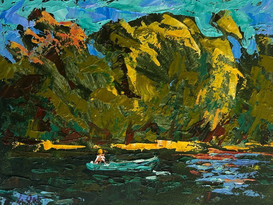 Image 1 of Original Oil Painting Summer River Landscape Boating holidays