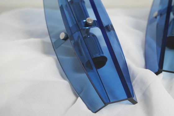 Image 1 of Veca blauwe glazen Italiaanse wandlampen set van 2 Fontana Arte mid-century moderne facetglazen lampen