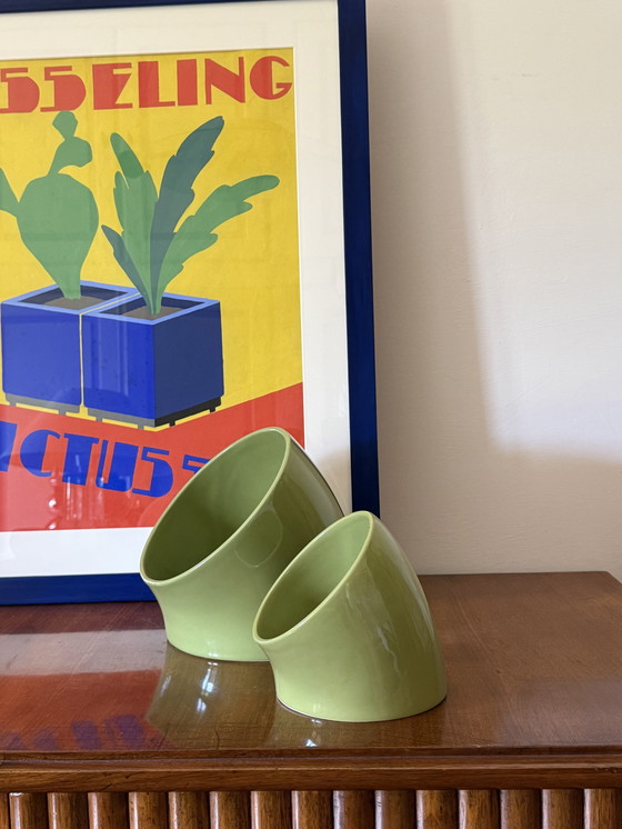 Image 1 of Ensemble de 2 vide-poche en céramique verte de l'ère spatiale, Sicart Italie vers 1970