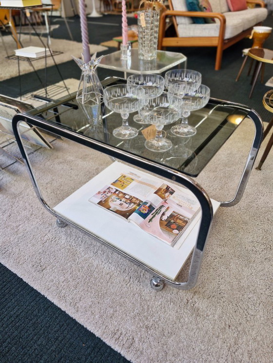 Image 1 of Table d'appoint trolley vintage style Space Age, verre fumé/blanc années 70