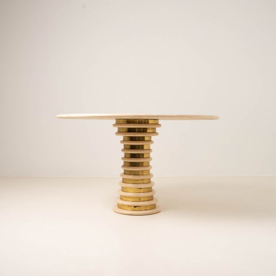 Image 1 of Travertine and Brass Pedestal Dinning Table Marzio Cecchi 