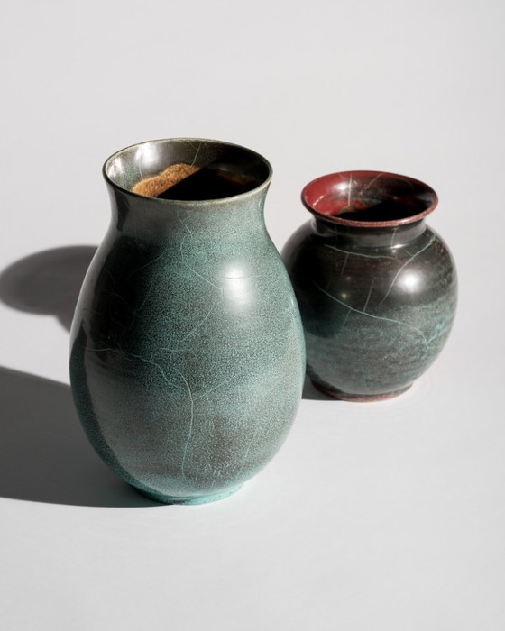Image 1 of Pair of Richard Uhlemeyer Studio Stoneware Vases – Turquoise Reduction Glaze – Germany, ca. 1940s-1950s Art Deco Bauhaus