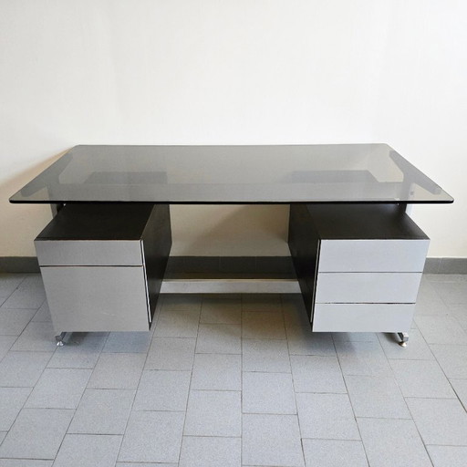 Vintage 1970s desk by Etienne Fermigier for JFR, stainless steel & aluminum, 70s space age