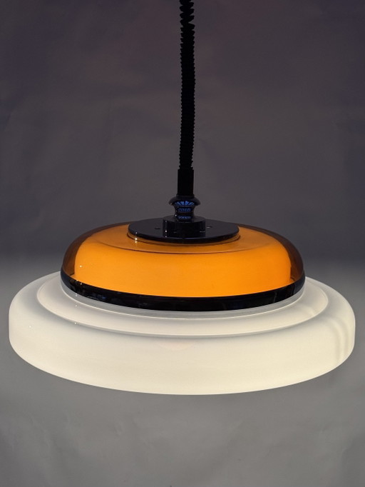 Suspension vintage imposante de style futuriste, orange et blanche | Design belge ajustable, années 1970