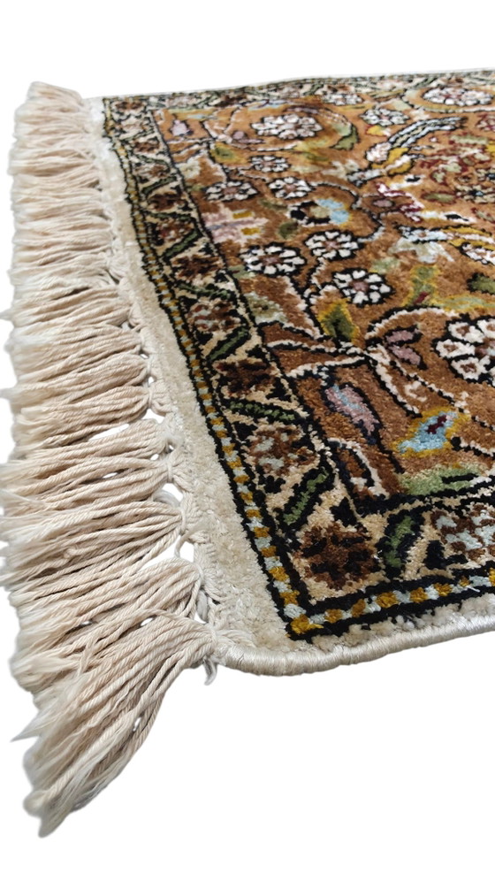 Image 1 of Handgeknoopt oriental zijde Kashmir tapijt mini square Birds 39x39cm