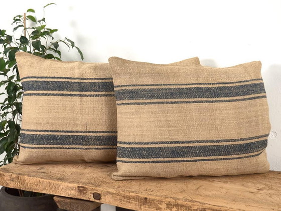 Antique linen cushion with cobalt blue stripes - Dimensiones: 50x70-3, Pillows, Rustic (photo 6 of 7)