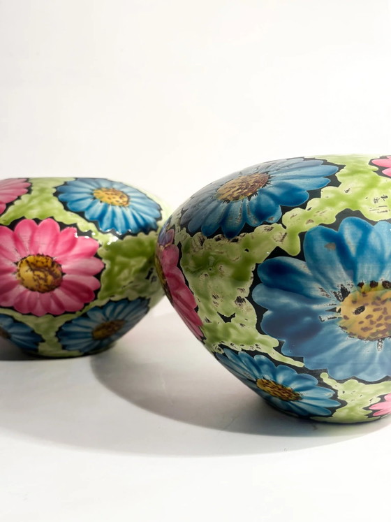 Pair of Hand-Painted Ceramic Vases with 60s Flower Power Floral Motifs (photo 2 of 17)