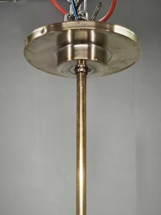 Image 1 of Lustre Art Déco tchèque des années 1930 en nickel avec abat-jour en verre champagne