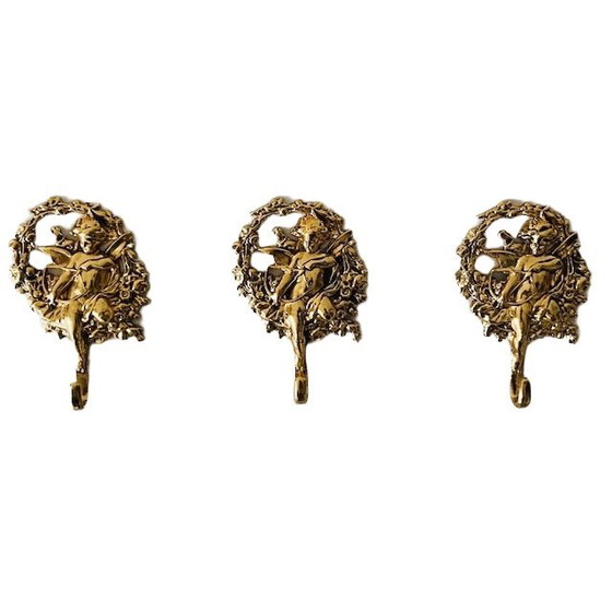 Image 1 of Vintage set of mid-century Italian hooks, baroque brass angel door hanger, 1960s