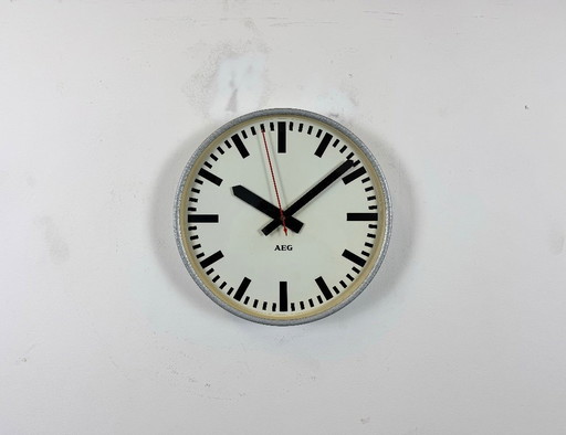 Grey German Industrial Electric Station Wall Clock from AEG, 1960s