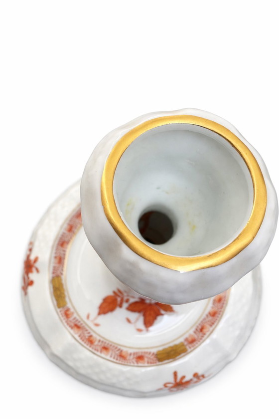 Image 1 of Herend Apponyi Orange Candlestick & Bell Set – Hand Painted Hungarian Porcelain – Collectible Vintage