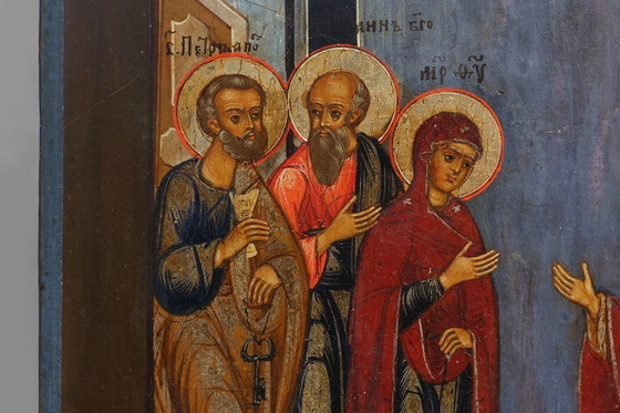 Image 1 of Icono religioso tradicional de roble del siglo XIX Un santo cura a un enfermo, 1800