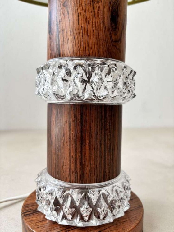 Image 1 of Lampe de table vintage en bois de rose cristal verre 1960s Fagerlund