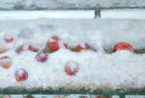 Origineel olieverfschilderij met wintermotief: appels als symboliek in de tuin van de ouders. (photo 3 of 5)