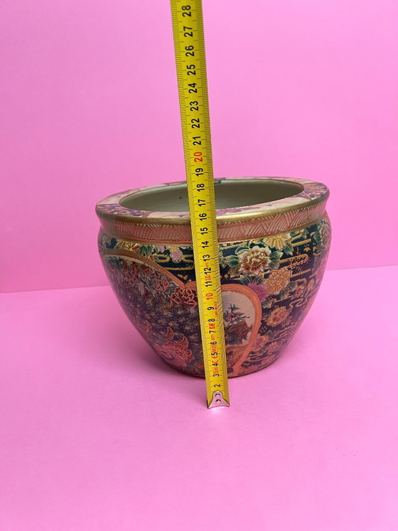 Image 1 of Vintage Satsuma Cachepot Flower Pot Planter with Peacock Motif – Hand-Painted Asian Ceramics