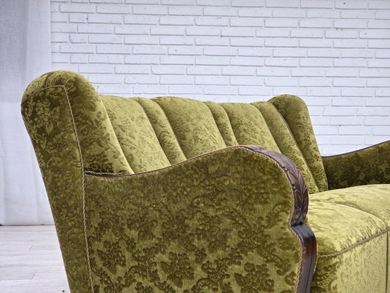 Image 1 of 1960s, Danish 3-seater sofa, furniture velour, carved oak wood.