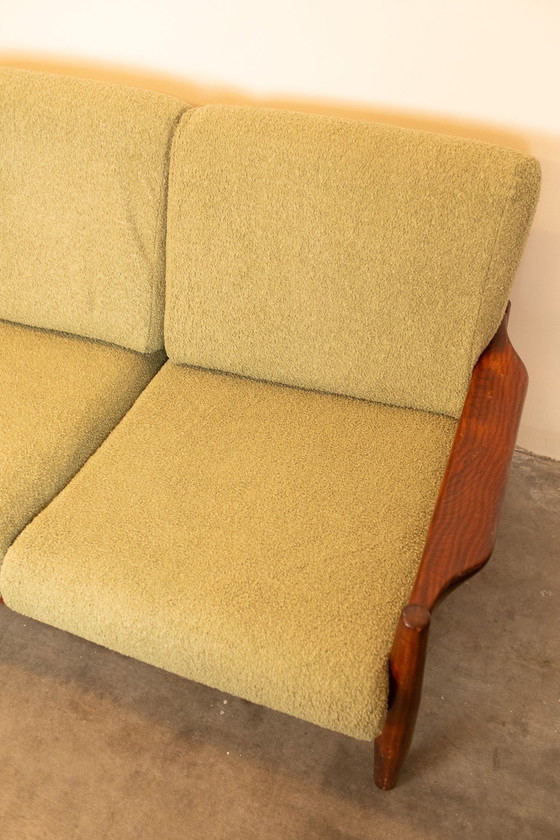 Image 1 of Vintage Deense teakhouten 3-zitsbank met nieuwe mosgroene bouclé bekleding
