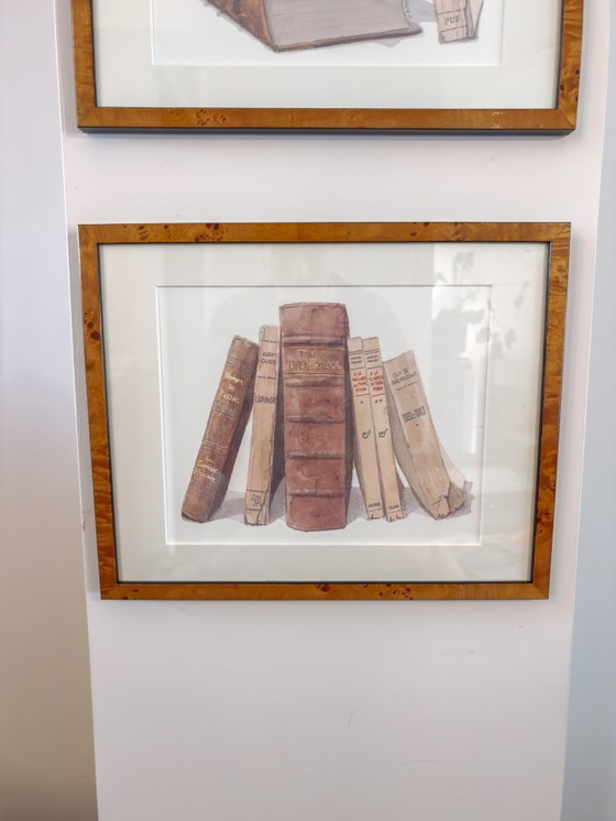 Image 1 of Watercolor paintings of books in burlwood frame, set of 2