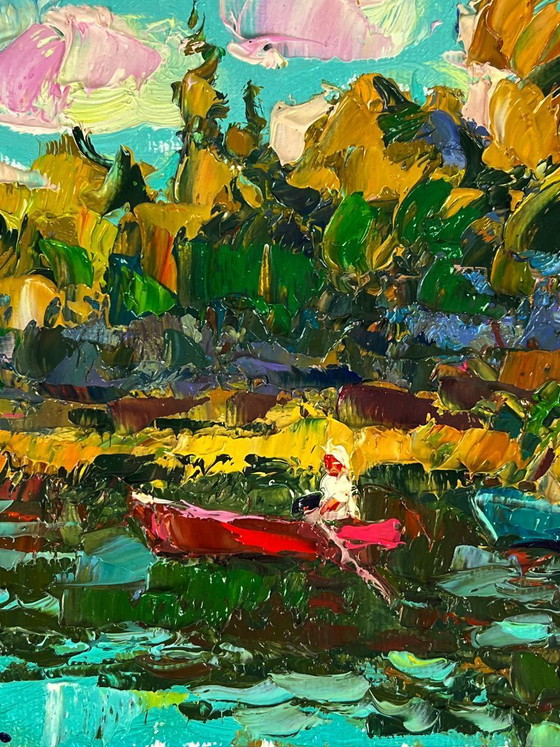 Image 1 of Peinture à l'huile originale représentant un paysage naturel en forêt d'été, sur des bateaux le long de la rivière