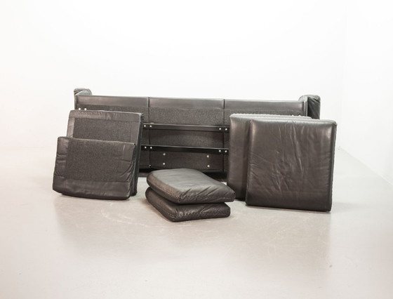 Image 1 of Exquisite Mid-Century Design De Sede Black Leather Strap Stitched Three-Seat Sofa DS31. Switzerland, 1960s.