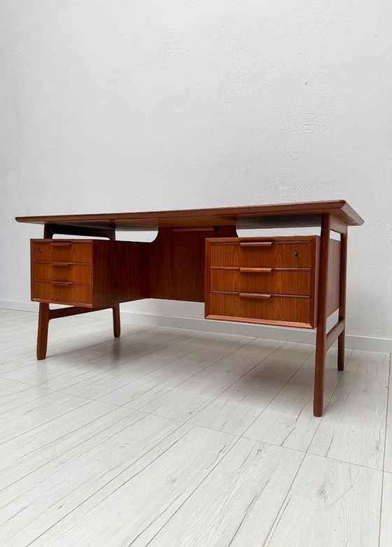 1960s Vintage Danish Design Teak Desk Model 75 by Gunni Omann for Omann Jun, Wood, Brown, Mid Century Modern (photo 8 of 17)