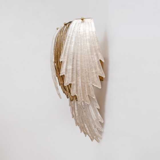 Image 1 of Italian Art Deco Style Murano Glass and Brass Leaf Wall Sconces, Pair