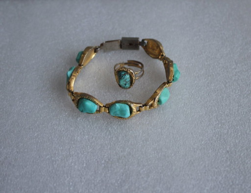 Vintage Schmuckset bestehend aus Armband und Ring mit Türkisen auf goldfarbenem Metall