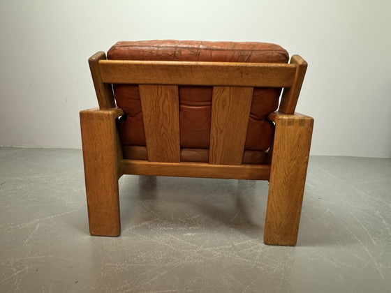 Image 1 of Mid-Century Brutalist Esko Pajamies Design 'Bonanza' Cognac Leather Lounge Chair on Solid Wooden Frame, Finland 1960s.