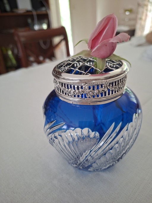 Flower frog / Antique rose bowl in Val Saint Lambert crystal – Cobalt blue